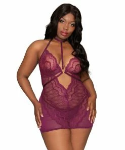 Dreamgirl International Plus Size Contemporary Lace & Mesh Chemise Set With Halter Neckline