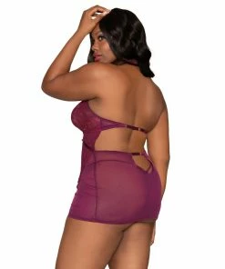 Dreamgirl International Plus Size Contemporary Lace & Mesh Chemise Set With Halter Neckline