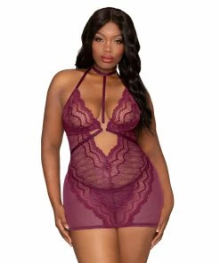 Dreamgirl International Plus Size Contemporary Lace & Mesh Chemise Set With Halter Neckline