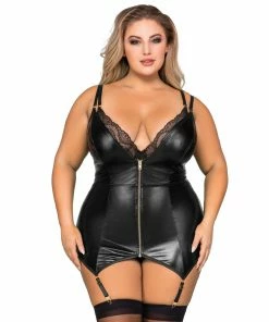 Dreamgirl International Plus Size Double Layer Underwire Garter Slip Teddy With Snap Crotch & Front Zipper Detail