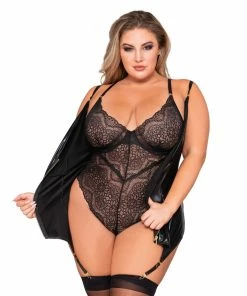Dreamgirl International Plus Size Double Layer Underwire Garter Slip Teddy With Snap Crotch & Front Zipper Detail