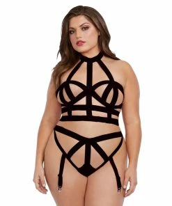 Dreamgirl International What's New Plus Size Elastic Bralette & Garter Panty Set With Adjustable Back Neck Closures