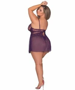 Dreamgirl International Plus Size Eyelash Lace Babydoll & G-String Set With Strappy Neck & Gold Ring Details What's New