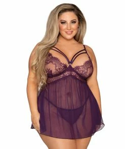 Dreamgirl International Plus Size Eyelash Lace Babydoll & G-String Set With Strappy Neck & Gold Ring Details What's New