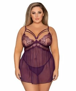 Dreamgirl International Plus Size Eyelash Lace Babydoll & G-String Set With Strappy Neck & Gold Ring Details What's New