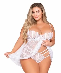 Dreamgirl International Plus Size Eyelash Lace Babydoll & G-String Set With Underwire Balconette Bra Support What's New
