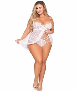 Dreamgirl International Plus Size Eyelash Lace Babydoll & G-String Set With Underwire Balconette Bra Support What's New