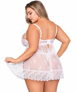 Dreamgirl International Plus Size Eyelash Lace Babydoll & G-String Set With Underwire Balconette Bra Support What's New