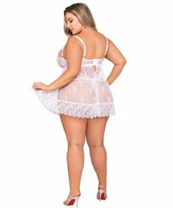 Dreamgirl International Plus Size Eyelash Lace Babydoll & G-String Set With Underwire Balconette Bra Support What's New