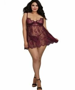 Dreamgirl International Plus Size Eyelash Lace Babydoll With Satin Elastic Detailing