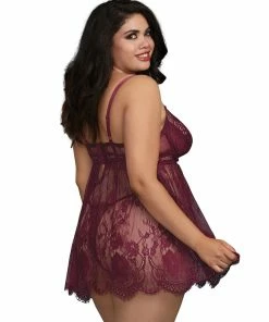 Dreamgirl International Plus Size Eyelash Lace Babydoll With Satin Elastic Detailing