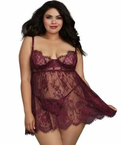Dreamgirl International Plus Size Eyelash Lace Babydoll With Satin Elastic Detailing