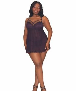 Dreamgirl International What's New Plus Size Eyelash Lace & Stretch Mesh Babydoll Set With Strappy Rhinestone Neckline