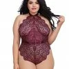 Dreamgirl International Plus Size Eyelash Lace Teddy With Halter Neckline And Thong Back Bodysuits & Teddies