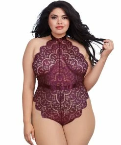 Dreamgirl International Plus Size Eyelash Lace Teddy With Halter Neckline And Thong Back Bodysuits & Teddies