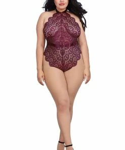 Dreamgirl International Plus Size Eyelash Lace Teddy With Halter Neckline And Thong Back Bodysuits & Teddies