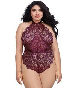 Dreamgirl International Plus Size Eyelash Lace Teddy With Halter Neckline And Thong Back Bodysuits & Teddies