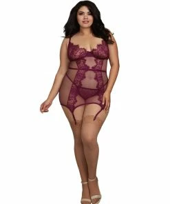 Dreamgirl International Plus Size Fishnet And Eyelash Lace Garter Slip With Matching G-String