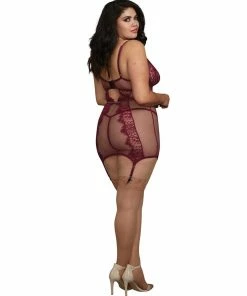Dreamgirl International Plus Size Fishnet And Eyelash Lace Garter Slip With Matching G-String