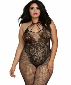 Dreamgirl International Plus Size Fishnet Bodystocking With Knitted 'Teddy' Design