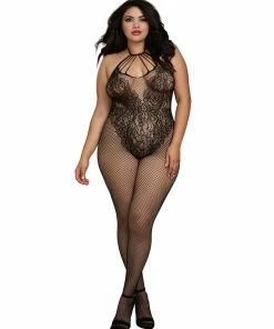 Dreamgirl International Plus Size Fishnet Bodystocking With Knitted 'Teddy' Design