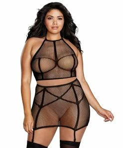 Dreamgirl International Plus Size Fishnet Bralette & High-Waister Garter Skirt Set LINGERIE