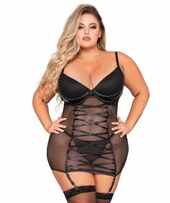 Dreamgirl International What's New Plus Size Fishnet & Faux-Leather Garter Slip Set With Lace-Up Front & Matching G-String