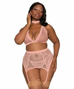 Dreamgirl International What's New Plus Size Fishnet & Lace 4-Piece Halter Bralette & Garter Belt Set With Stretch Velvet Trim Accents