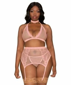 Dreamgirl International What's New Plus Size Fishnet & Lace 4-Piece Halter Bralette & Garter Belt Set With Stretch Velvet Trim Accents