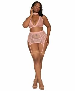 Dreamgirl International What's New Plus Size Fishnet & Lace 4-Piece Halter Bralette & Garter Belt Set With Stretch Velvet Trim Accents
