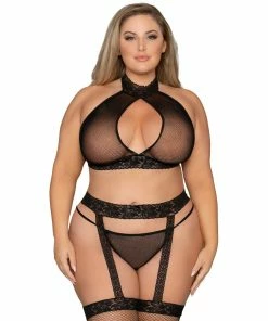 Dreamgirl International Three-Piece Plus Size Fishnet & Lace Hosiery Bodystocking Set With Snap Neck & Tie Back Closure