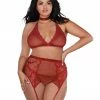 Dreamgirl International Plus Size Fishnet & Lace Velvet Trims Halter Bralette & Garter Belt Cottage Core