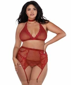 Dreamgirl International Plus Size Fishnet & Lace Velvet Trims Halter Bralette & Garter Belt Cottage Core