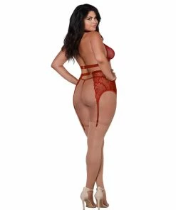 Dreamgirl International Plus Size Fishnet & Lace Velvet Trims Halter Bralette & Garter Belt Cottage Core