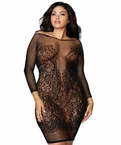 Dreamgirl International LINGERIE Plus Size Fishnet & Lace Versatile Long-Sleeved Chemise