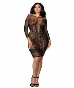 Dreamgirl International LINGERIE Plus Size Fishnet & Lace Versatile Long-Sleeved Chemise