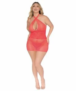Dreamgirl International 2022 Simply Sexy Plus Size Fishnet & Scalloped Lace Chemise With Back Neck Tie