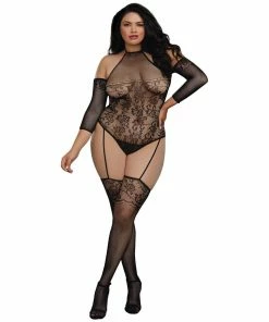 Dreamgirl International Plus Size Fishnet Teddy Bodystocking With 3/4 Length Sleeves
