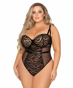 Dreamgirl International Plus Size Flocked Animal Print Mesh Teddy With Studded Trim Detail What's New