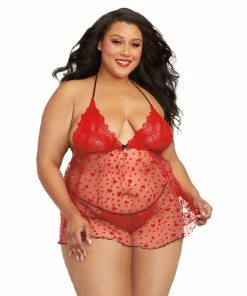 Dreamgirl International Plus Size Flocked Heart Mesh Babydoll & G-String Set With Adjustable Tie Back Closures Babydolls & Chemises