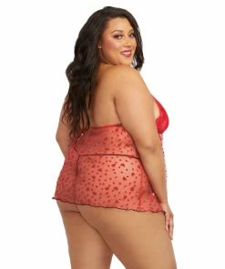 Dreamgirl International Plus Size Flocked Heart Mesh Babydoll & G-String Set With Adjustable Tie Back Closures Babydolls & Chemises