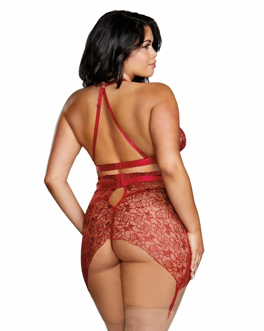 Dreamgirl International Plus Size Floral Embroidery Bralette & Garter Skirt LINGERIE 2 Dreamgirl International Plus Size Floral Embroidery Bralette & Garter Skirt LINGERIE