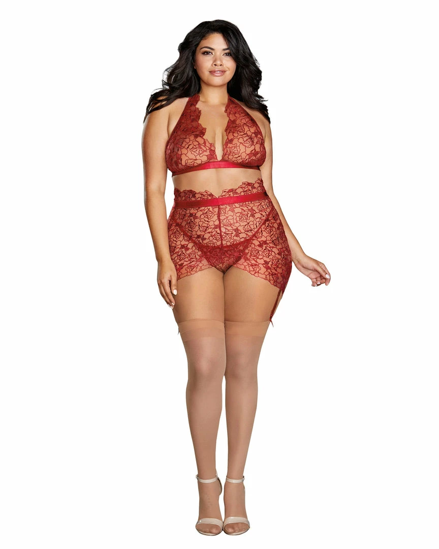 Dreamgirl International Plus Size Floral Embroidery Bralette & Garter Skirt LINGERIE 3 Dreamgirl International Plus Size Floral Embroidery Bralette & Garter Skirt LINGERIE
