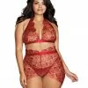 Dreamgirl International Plus Size Floral Embroidery Bralette & Garter Skirt LINGERIE