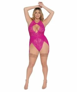 Dreamgirl International 2022 Simply Sexy Plus Size Floral Stretch Lace Garter Teddy With Halter Neckline