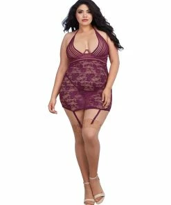 Dreamgirl International Plus Size Garter Slip With Sheer Stripped Elastic Details LINGERIE