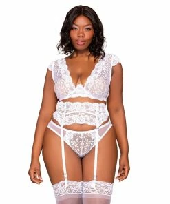 Dreamgirl International What's New Plus Size Lace & Mesh Garterbelt & Panty Set With Keyhole Ribbon Back Detail