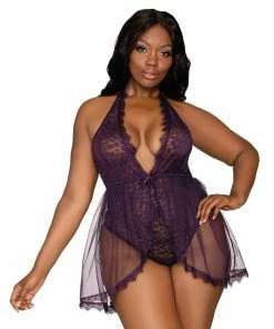 Dreamgirl International Plus Size Halter Plunge Front Stretch Lace Teddy What's New