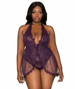 Dreamgirl International Plus Size Halter Plunge Front Stretch Lace Teddy What's New