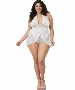 Dreamgirl International Plus Size Halter Plunge Lace Teddy With Flyaway Skirt Cottage Core